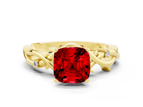 Yellow gold Cushion Cut Ruby Solitaire Ring with Twisted Band and Prong Setting