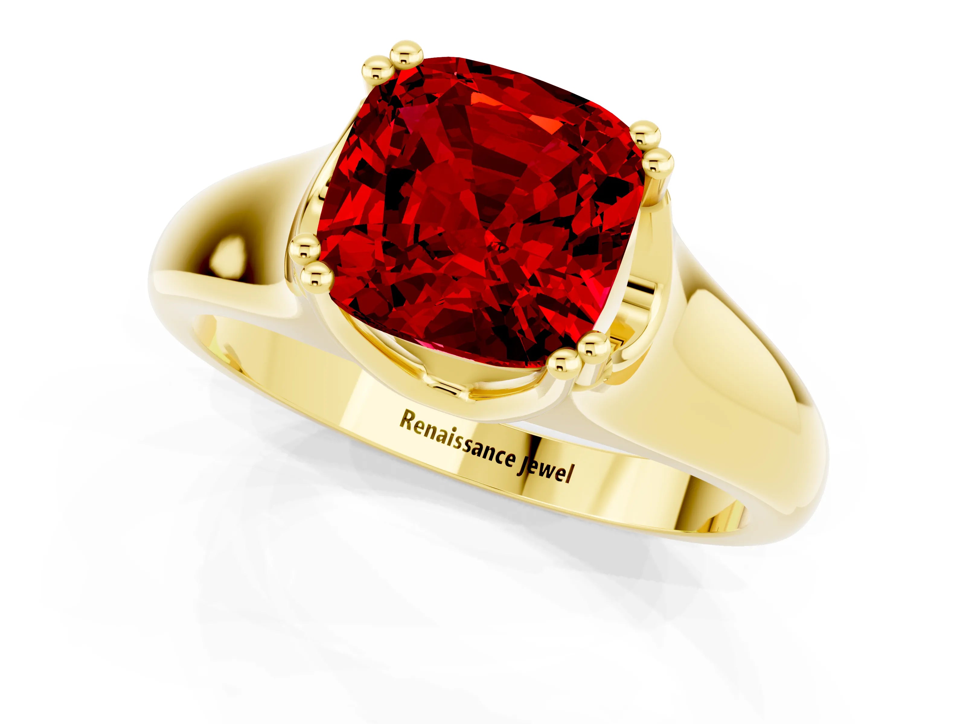 Yellow gold Cushion Cut Ruby Solitaire Ring with Wide Band and Prong Setting_1