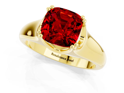 Yellow gold Cushion Cut Ruby Solitaire Ring with Wide Band and Prong Setting_1