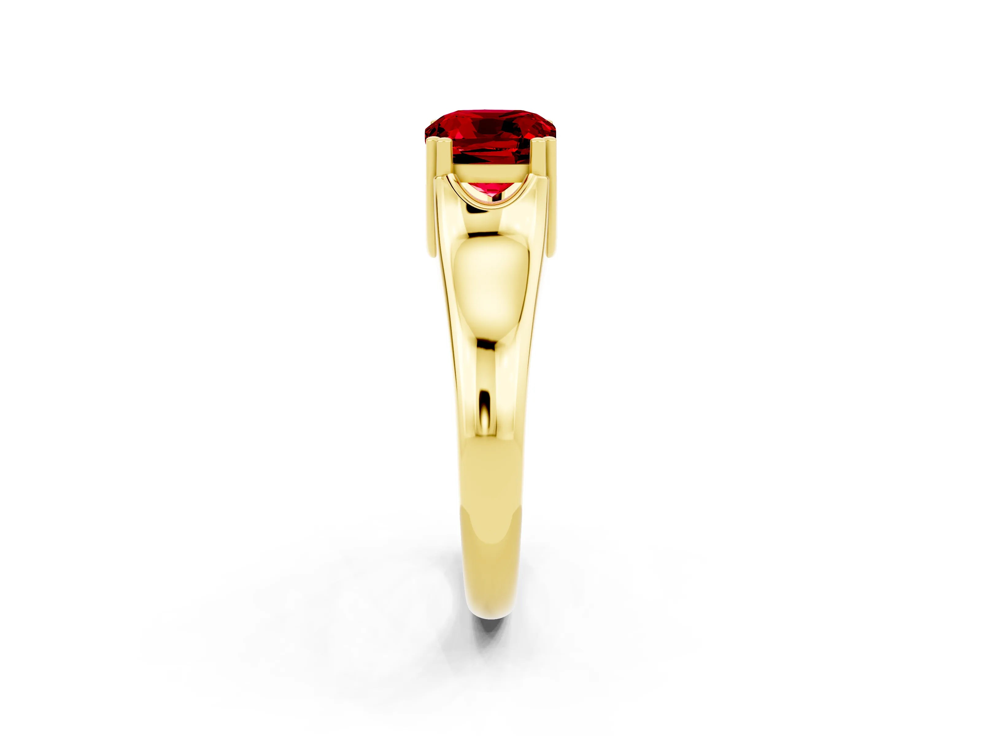 Yellow gold Cushion Cut Ruby Solitaire Ring with Wide Band and Prong Setting_2