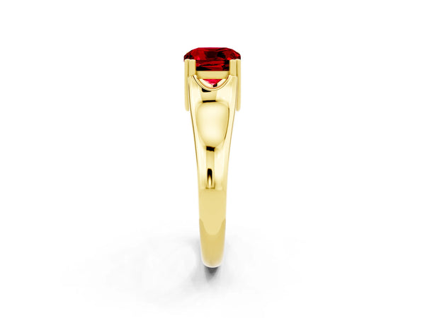Yellow gold Cushion Cut Ruby Solitaire Ring with Wide Band and Prong Setting