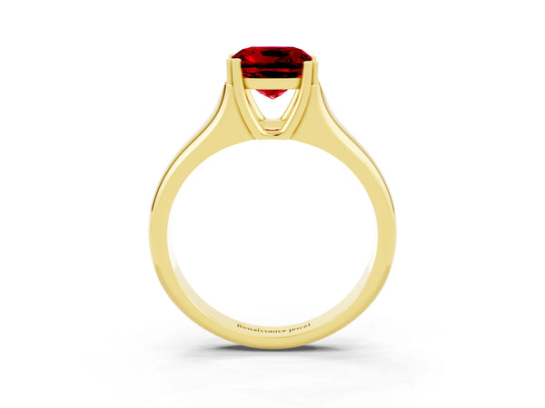 Yellow gold Cushion Cut Ruby Solitaire Ring with Wide Band and Prong Setting