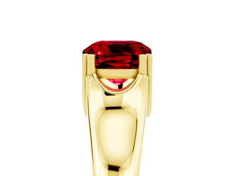 Yellow gold Cushion Cut Ruby Solitaire Ring with Wide Band and Prong Setting_5