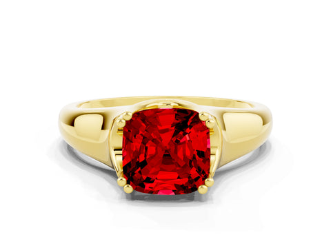 Yellow gold Cushion Cut Ruby Solitaire Ring with Wide Band and Prong Setting