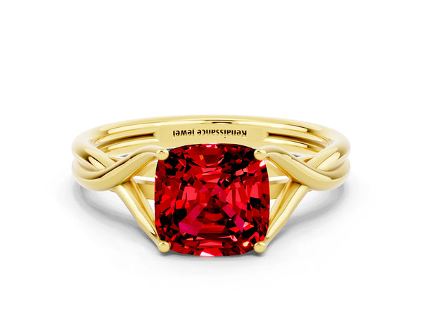 Yellow gold Cushion Cut Ruby Solitaire Twist Band Prong Setting Ring