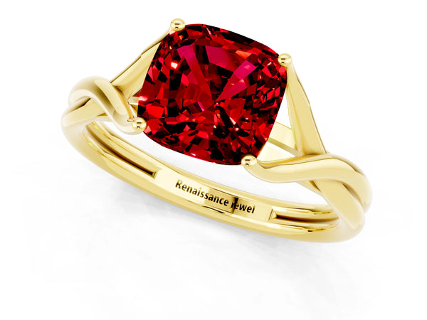 Yellow gold Cushion Cut Ruby Solitaire Twist Band Prong Setting Ring
