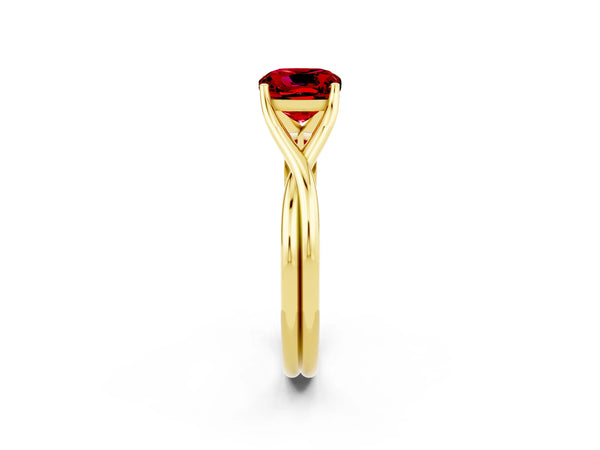 Yellow gold Cushion Cut Ruby Solitaire Twist Band Prong Setting Ring
