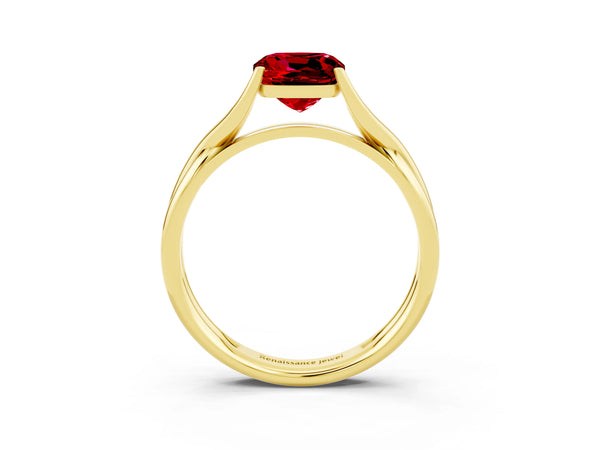 Yellow gold Cushion Cut Ruby Solitaire Twist Band Prong Setting Ring
