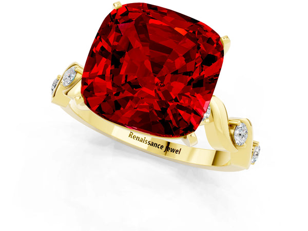 Yellow gold Cushion Cut Ruby Solitaire Twisted Band with Round  Accents and Prong Setting