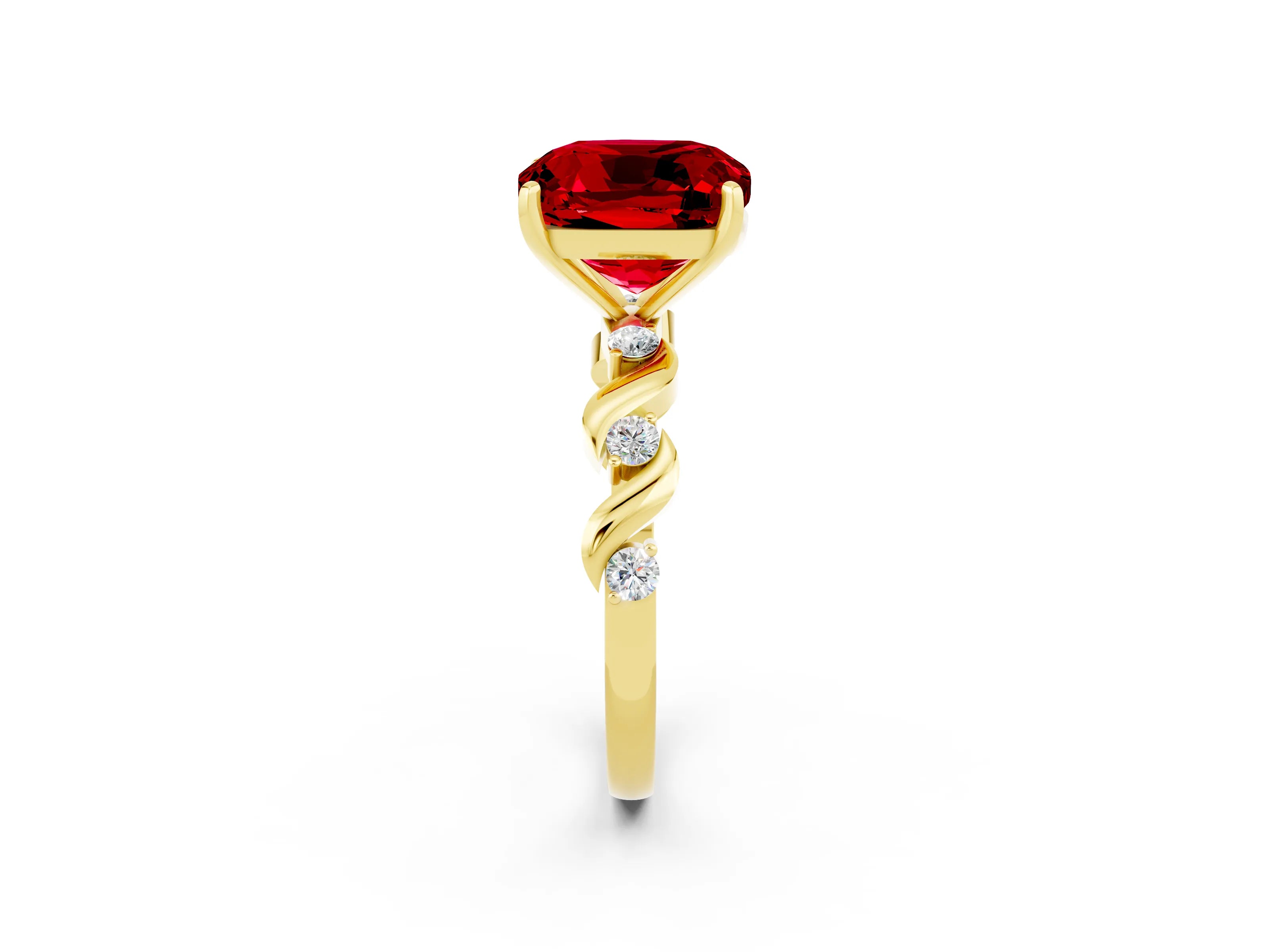 Yellow gold Cushion Cut Ruby Solitaire Twisted Band with Round  Accents and Prong Setting_14