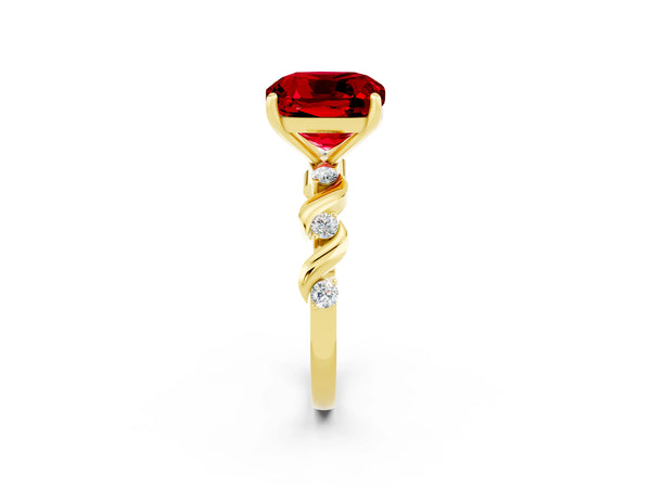 Yellow gold Cushion Cut Ruby Solitaire Twisted Band with Round  Accents and Prong Setting