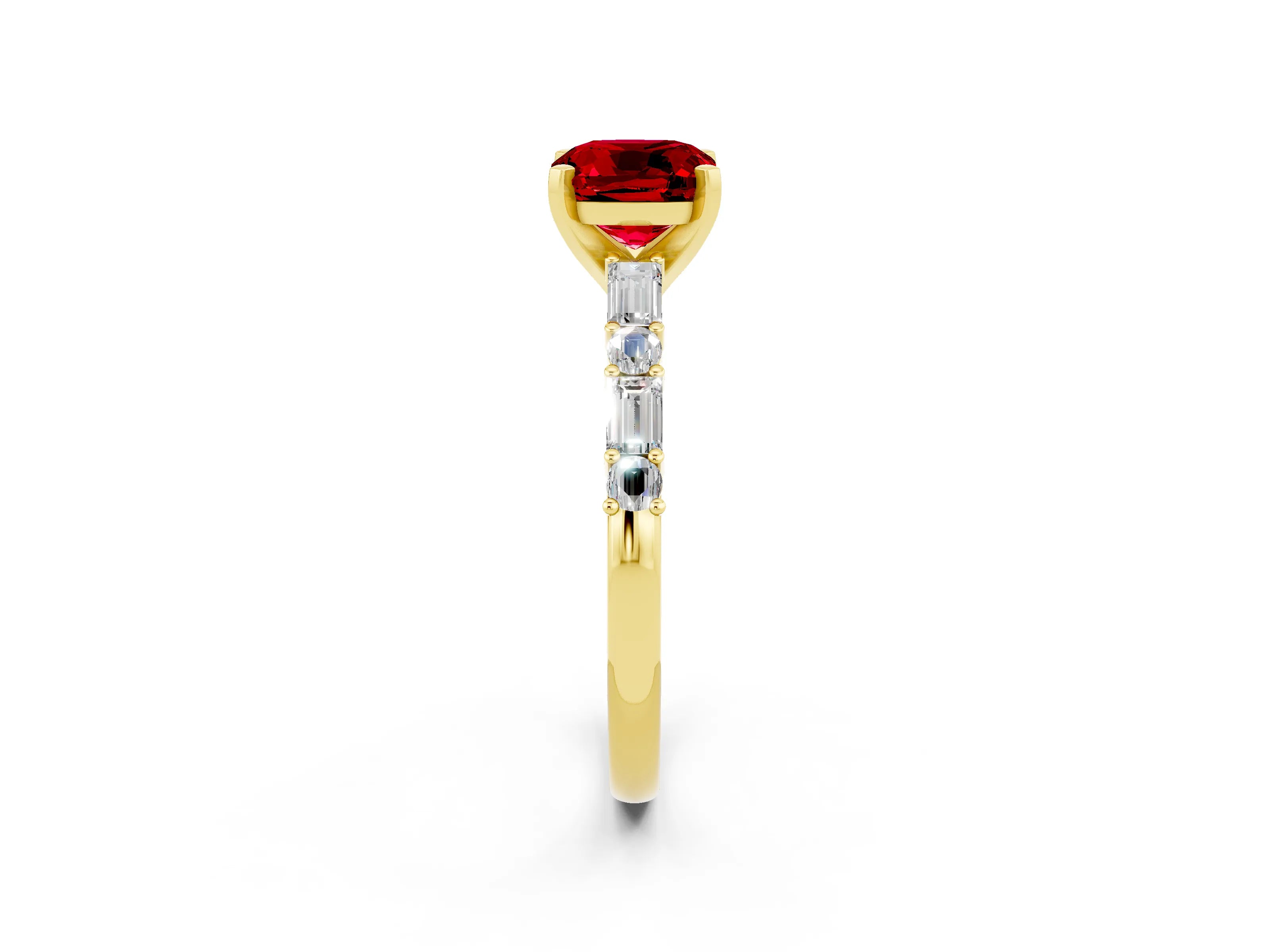 Yellow gold Cushion Cut Ruby Solitaire with Side Baguettes and Channel Set Band_2