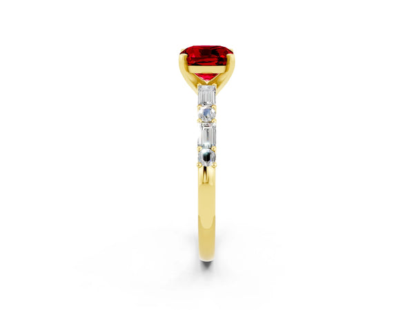 Yellow gold Cushion Cut Ruby Solitaire with Side Baguettes and Channel Set Band