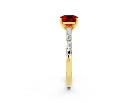 Yellow gold Cushion Cut Ruby Solitaire with Side Baguettes and Channel Set Band_2