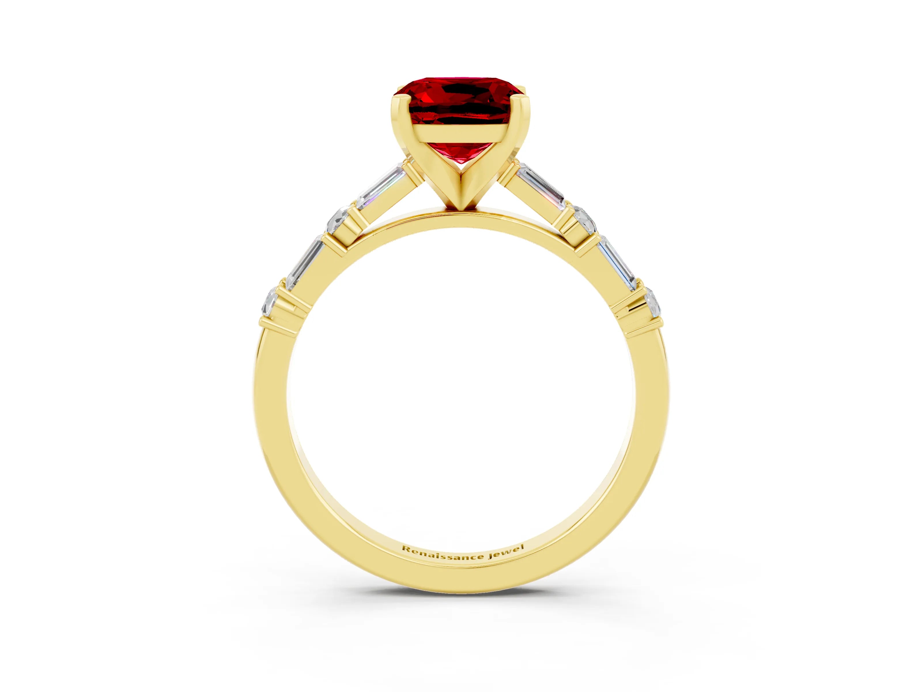 Yellow gold Cushion Cut Ruby Solitaire with Side Baguettes and Channel Set Band_3
