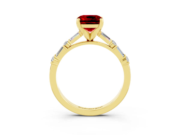 Yellow gold Cushion Cut Ruby Solitaire with Side Baguettes and Channel Set Band