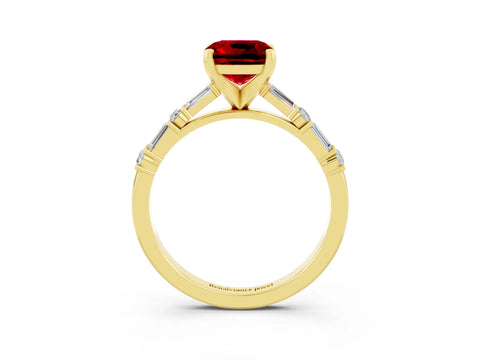 Yellow gold Cushion Cut Ruby Solitaire with Side Baguettes and Channel Set Band_3
