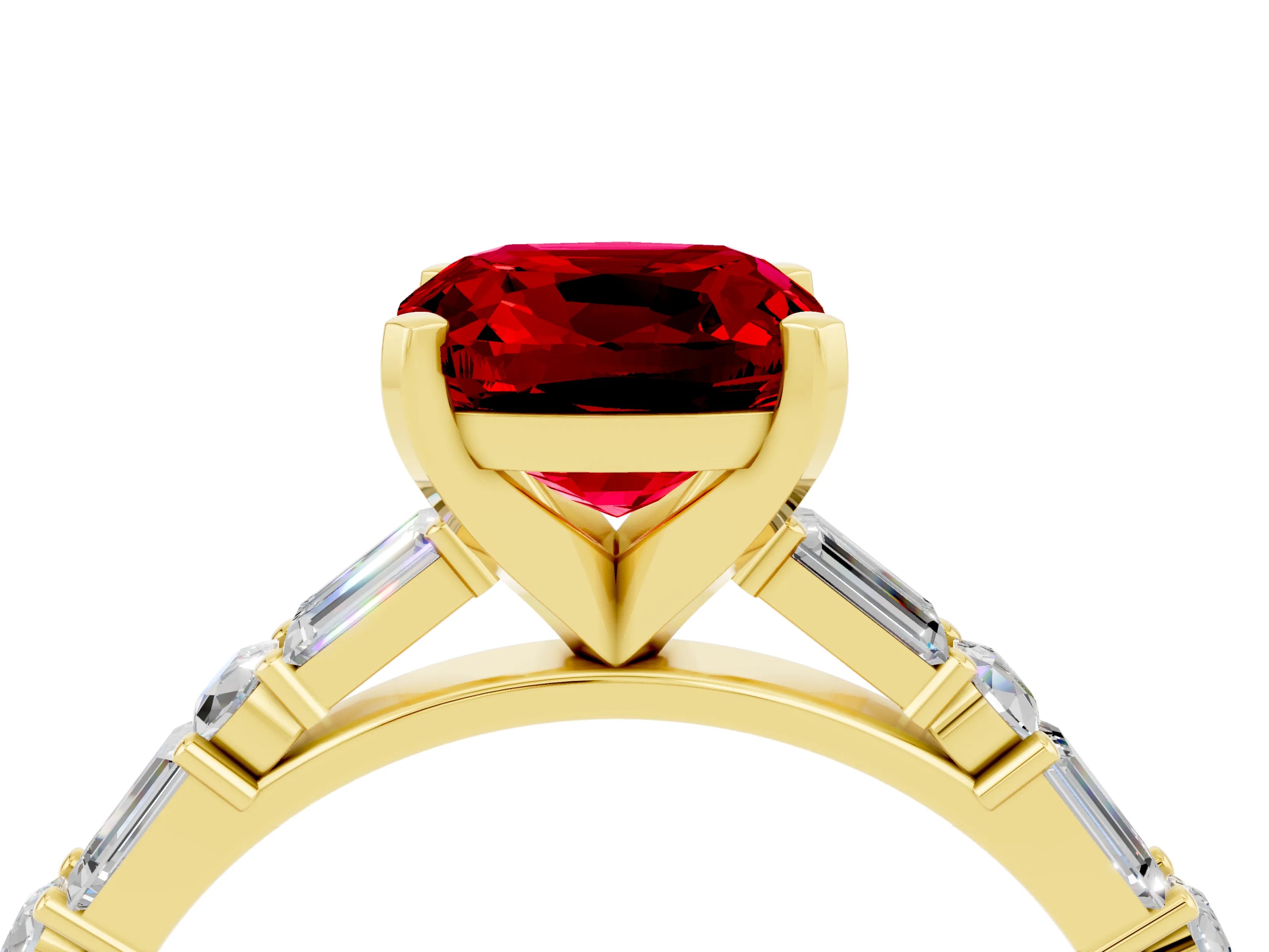 Yellow gold Cushion Cut Ruby Solitaire with Side Baguettes and Channel Set Band_4