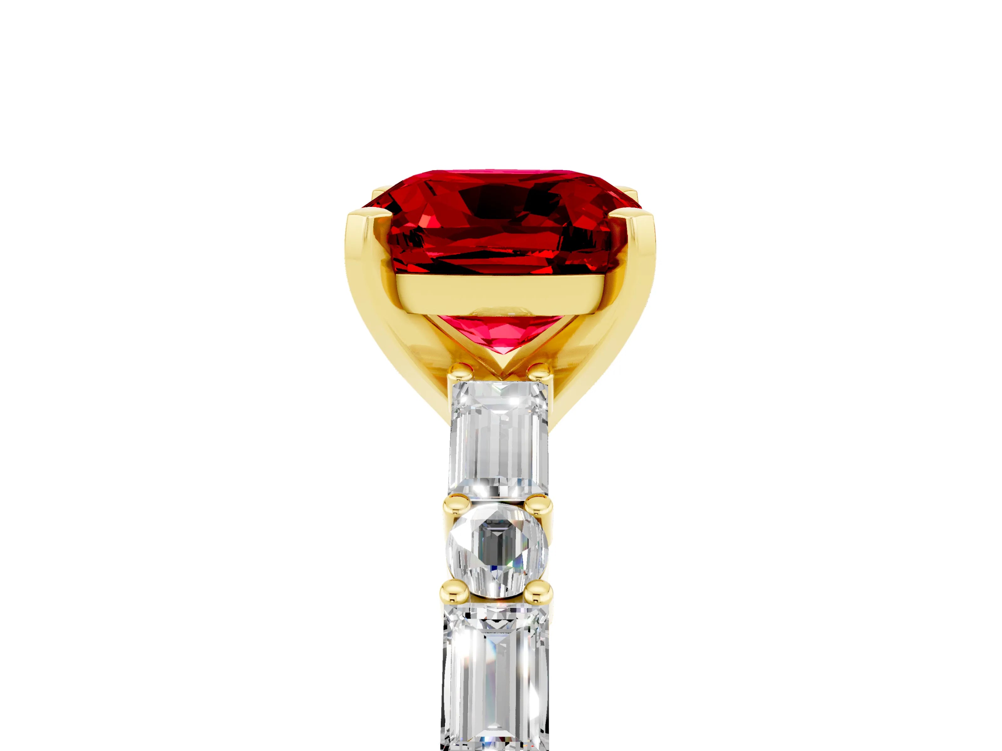 Yellow gold Cushion Cut Ruby Solitaire with Side Baguettes and Channel Set Band_5