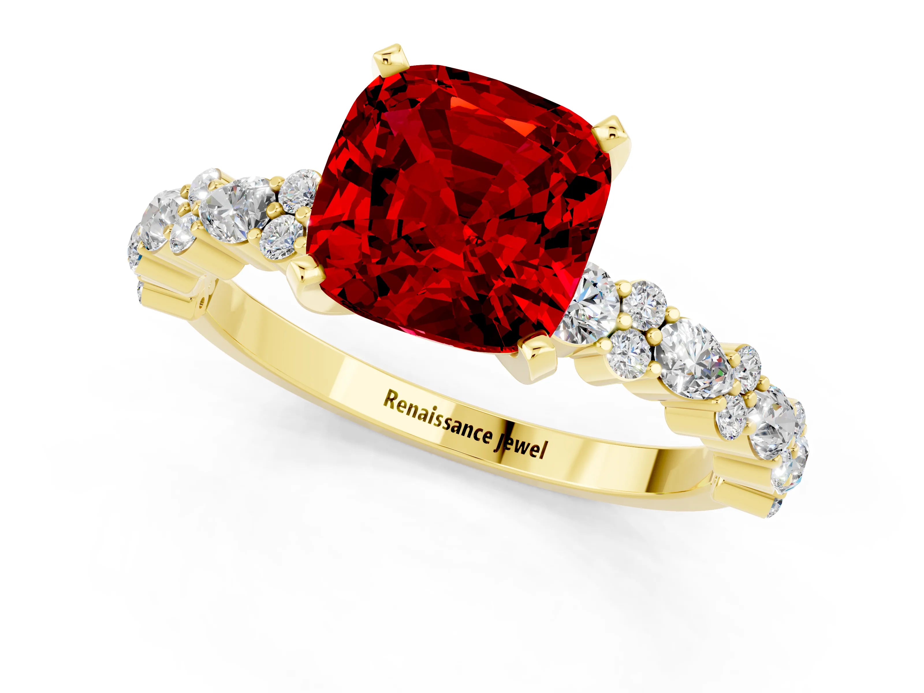 Yellow gold Cushion Cut Ruby Solitaire with Side Stones, Pave Band, Four-Prong Setting_13