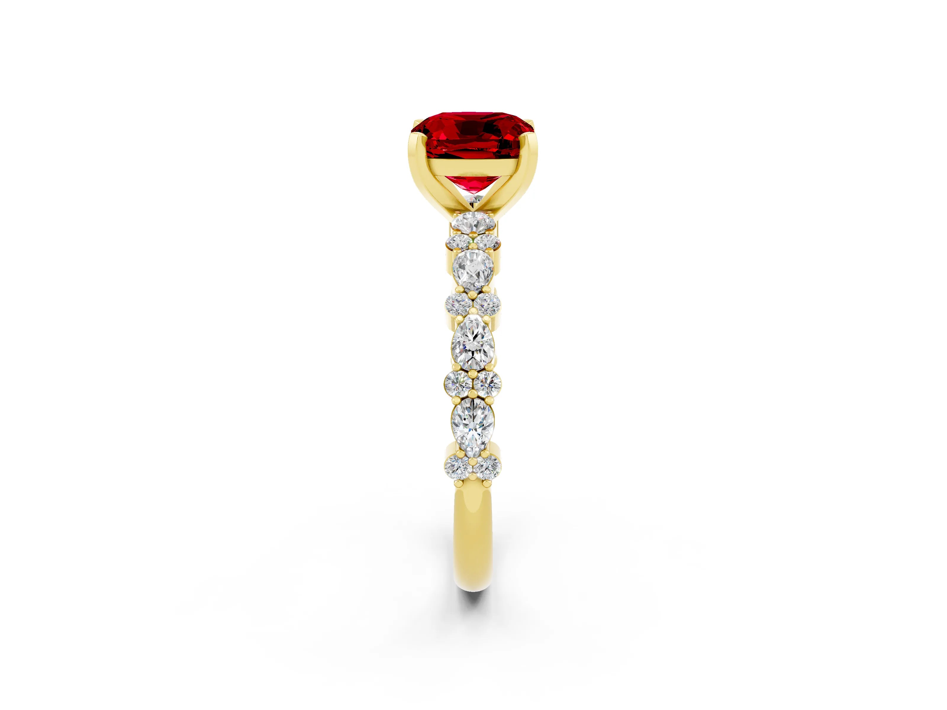 Yellow gold Cushion Cut Ruby Solitaire with Side Stones, Pave Band, Four-Prong Setting_14