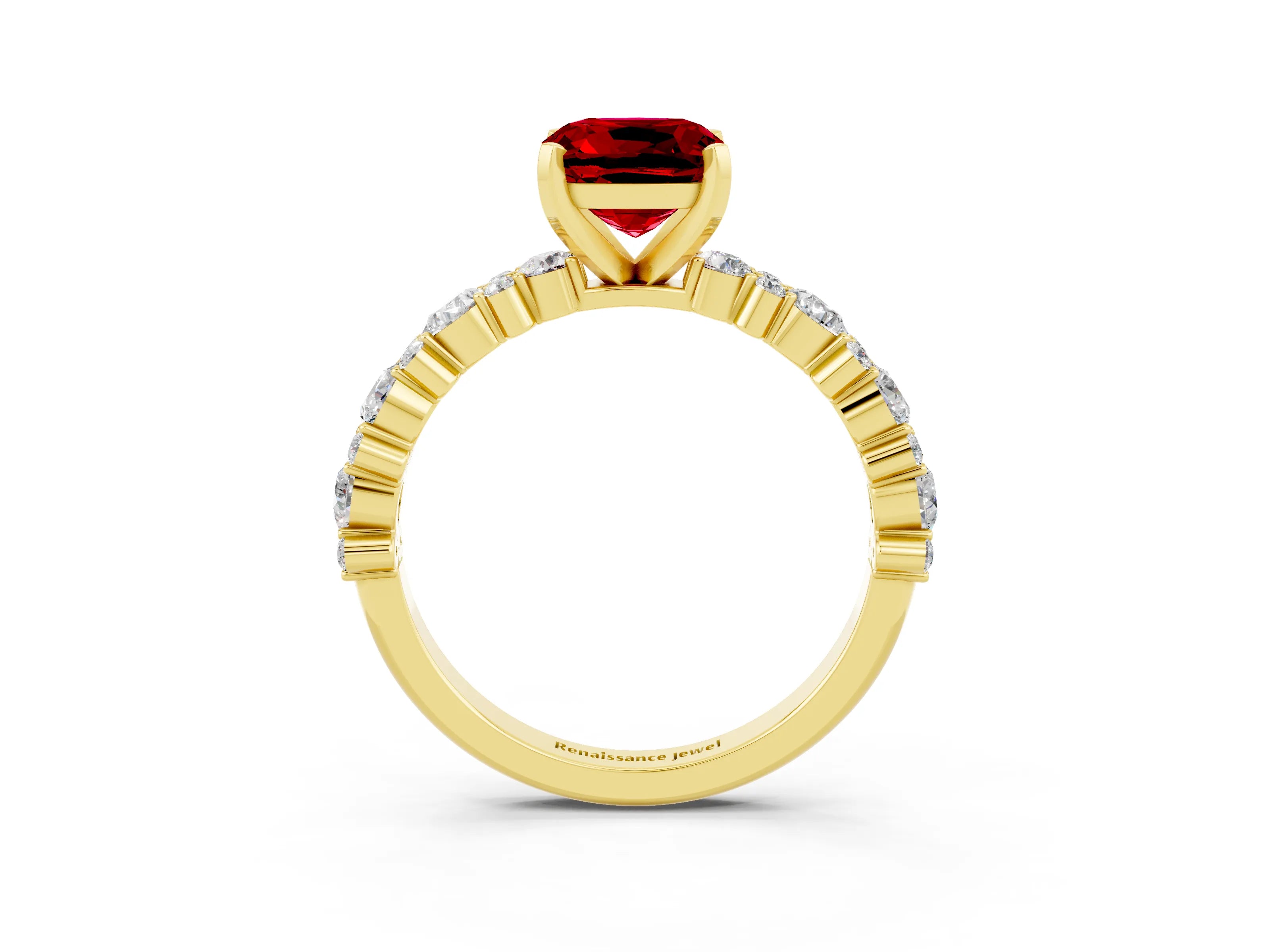 Yellow gold Cushion Cut Ruby Solitaire with Side Stones, Pave Band, Four-Prong Setting_15