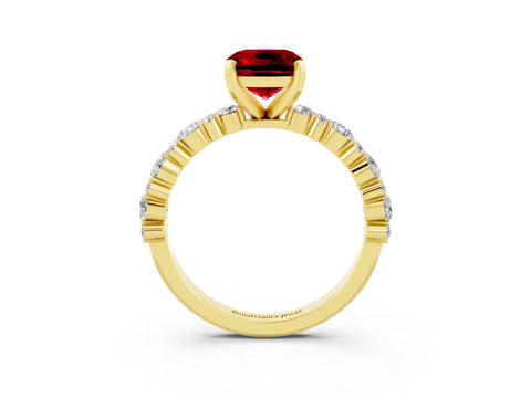 Yellow gold Cushion Cut Ruby Solitaire with Side Stones, Pave Band, Four-Prong Setting_15