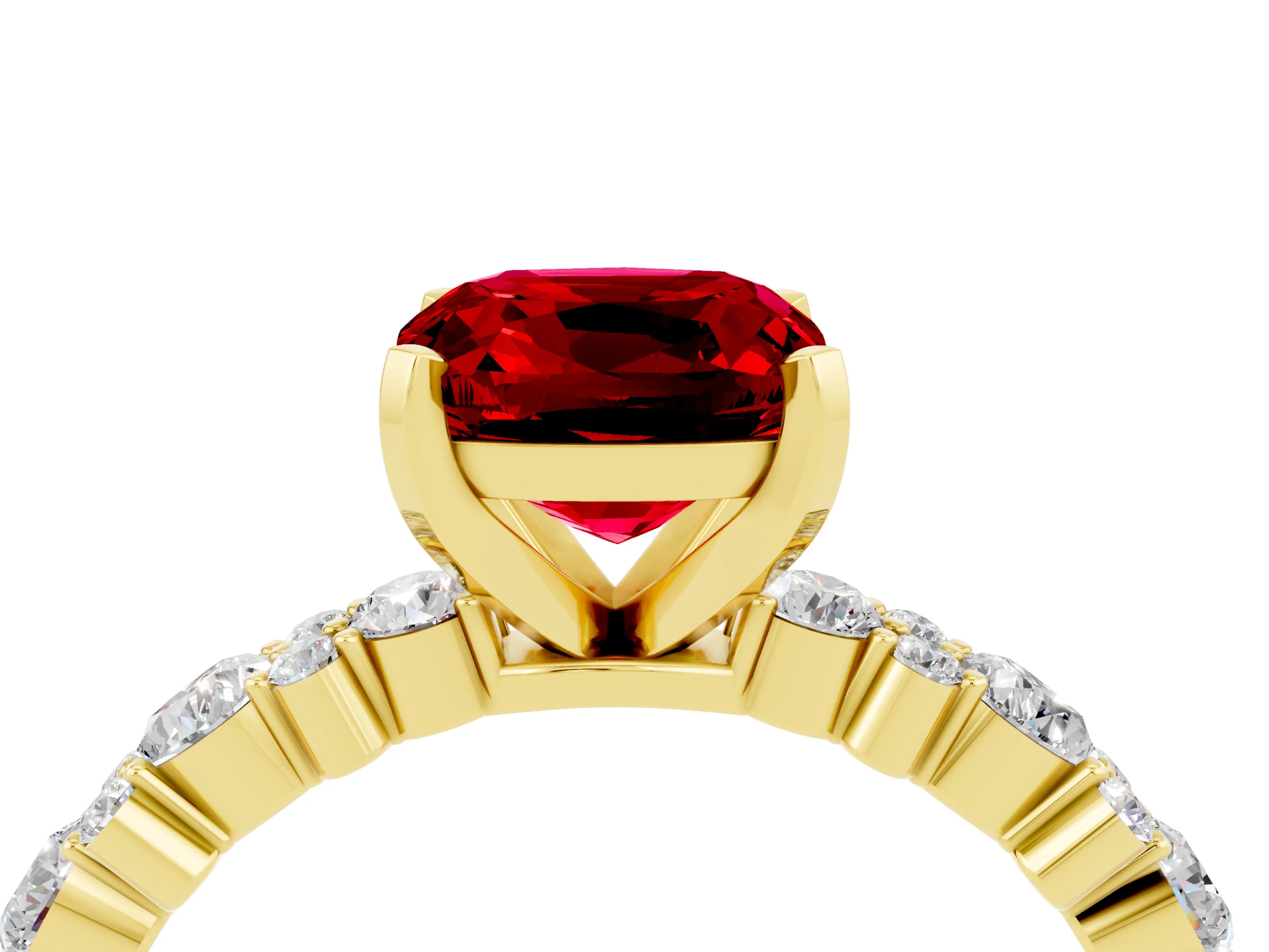 Yellow gold Cushion Cut Ruby Solitaire with Side Stones, Pave Band, Four-Prong Setting_16