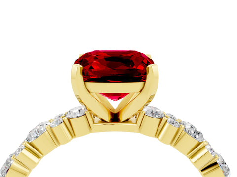 Yellow gold Cushion Cut Ruby Solitaire with Side Stones, Pave Band, Four-Prong Setting_16