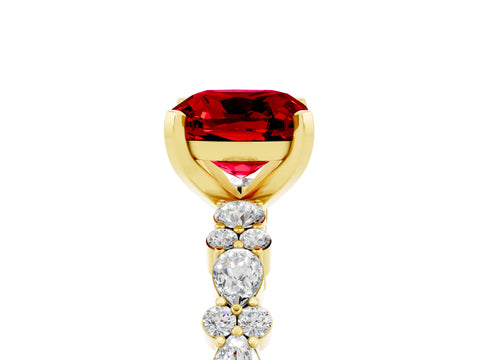 Yellow gold Cushion Cut Ruby Solitaire with Side Stones, Pave Band, Four-Prong Setting_17