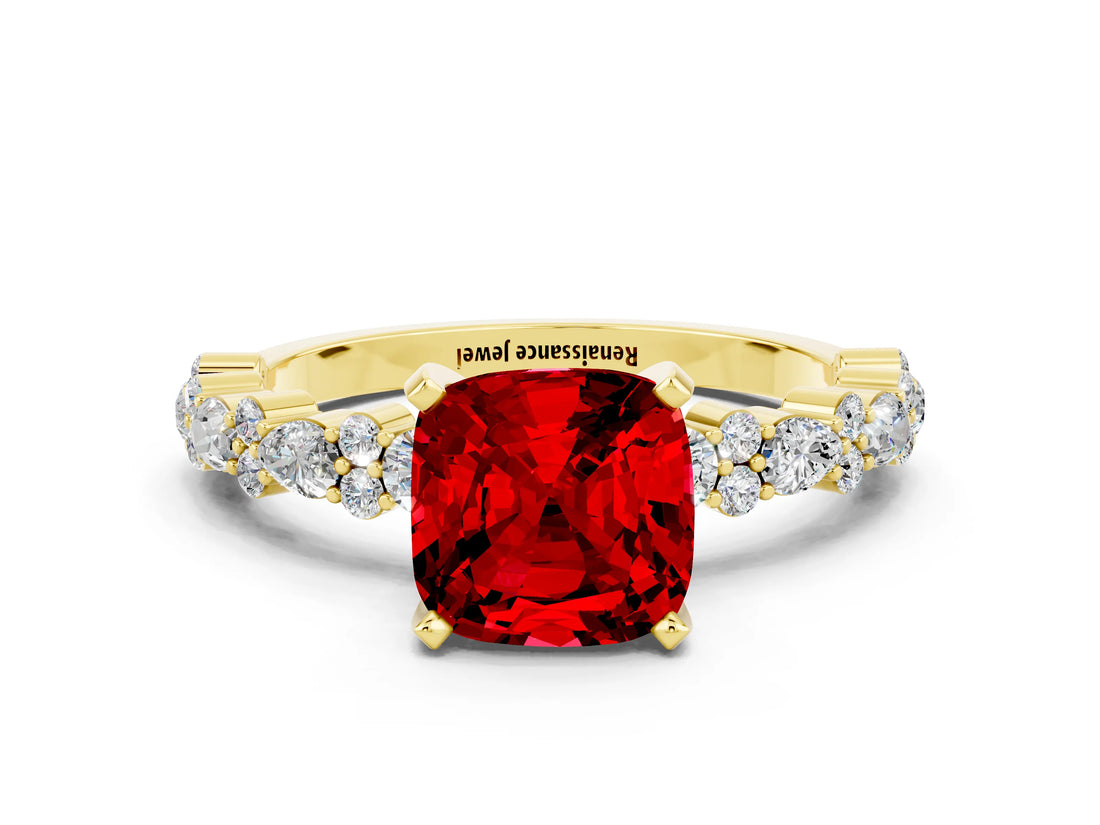 Yellow gold Cushion Cut Ruby Solitaire with Side Stones, Pave Band, Four-Prong Setting_36