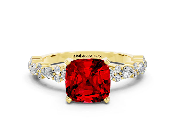 Yellow gold Cushion Cut Ruby Side Stone Solitaire Ring with Round  and Four-Prong Setting