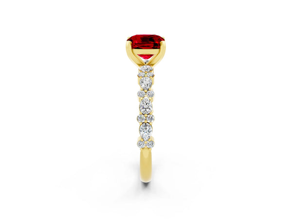 Yellow gold Cushion Cut Ruby Side Stone Solitaire Ring with Round  and Four-Prong Setting