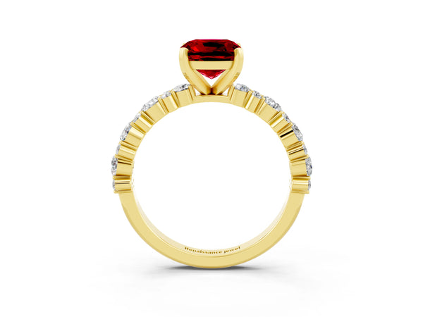Yellow gold Cushion Cut Ruby Side Stone Solitaire Ring with Round  and Four-Prong Setting
