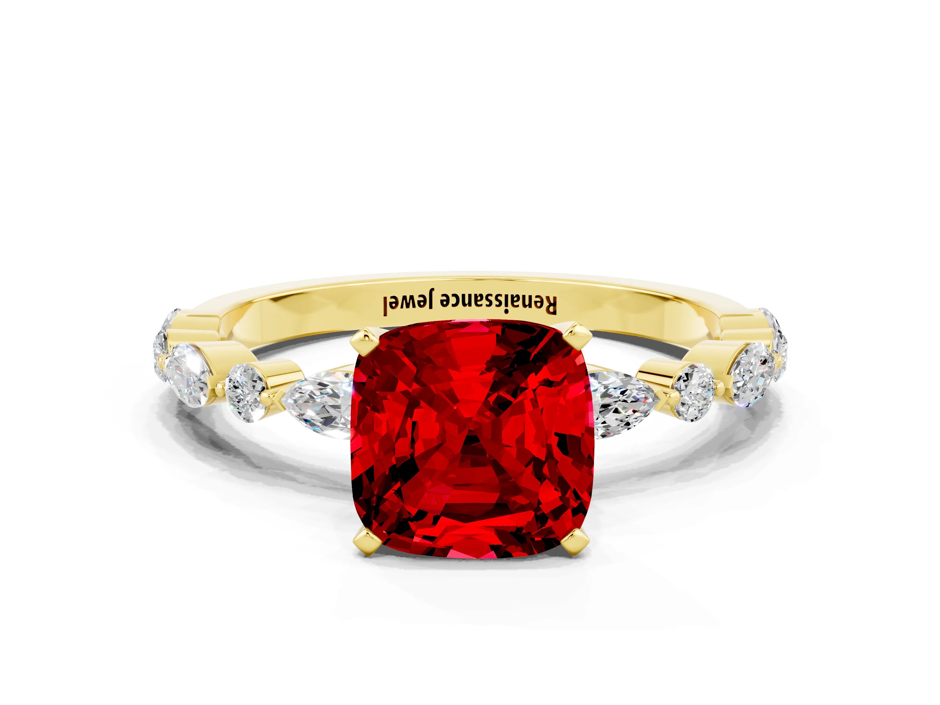 Yellow gold Cushion Cut Ruby Solitaire with Side Stones on a Pavé Band and Four-Prong Setting