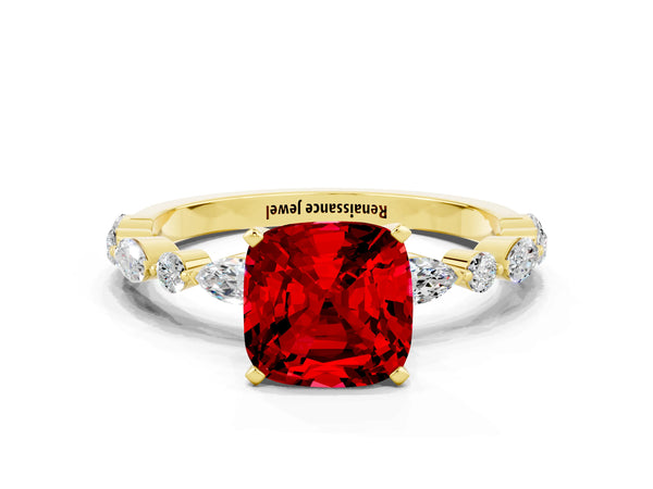 Yellow gold Cushion Cut Ruby Ring with Marquise and Round  Side Stones and Four-Prong Setting