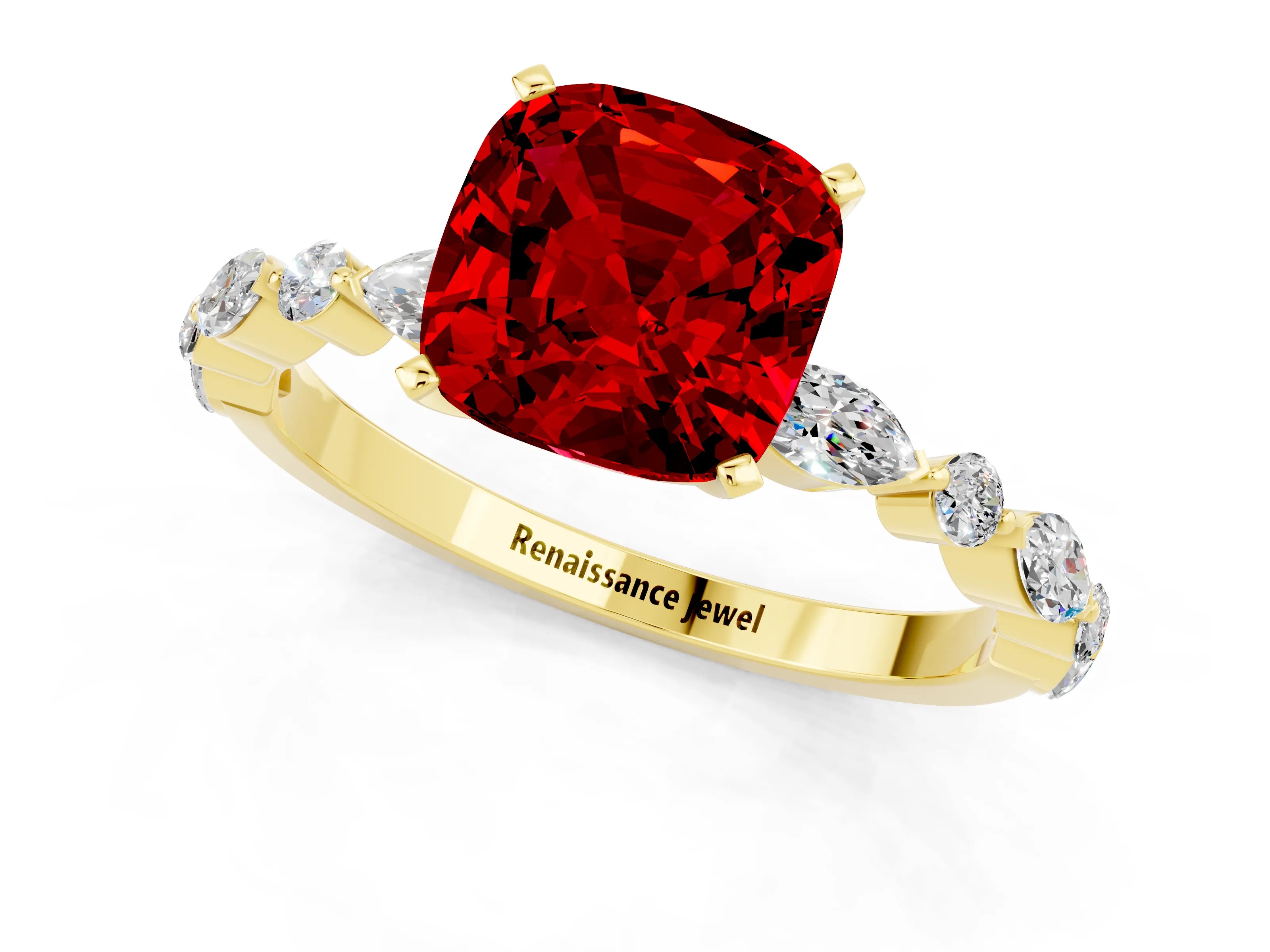 Yellow gold Cushion Cut Ruby Solitaire with Side Stones on a Pavé Band and Four-Prong Setting_1