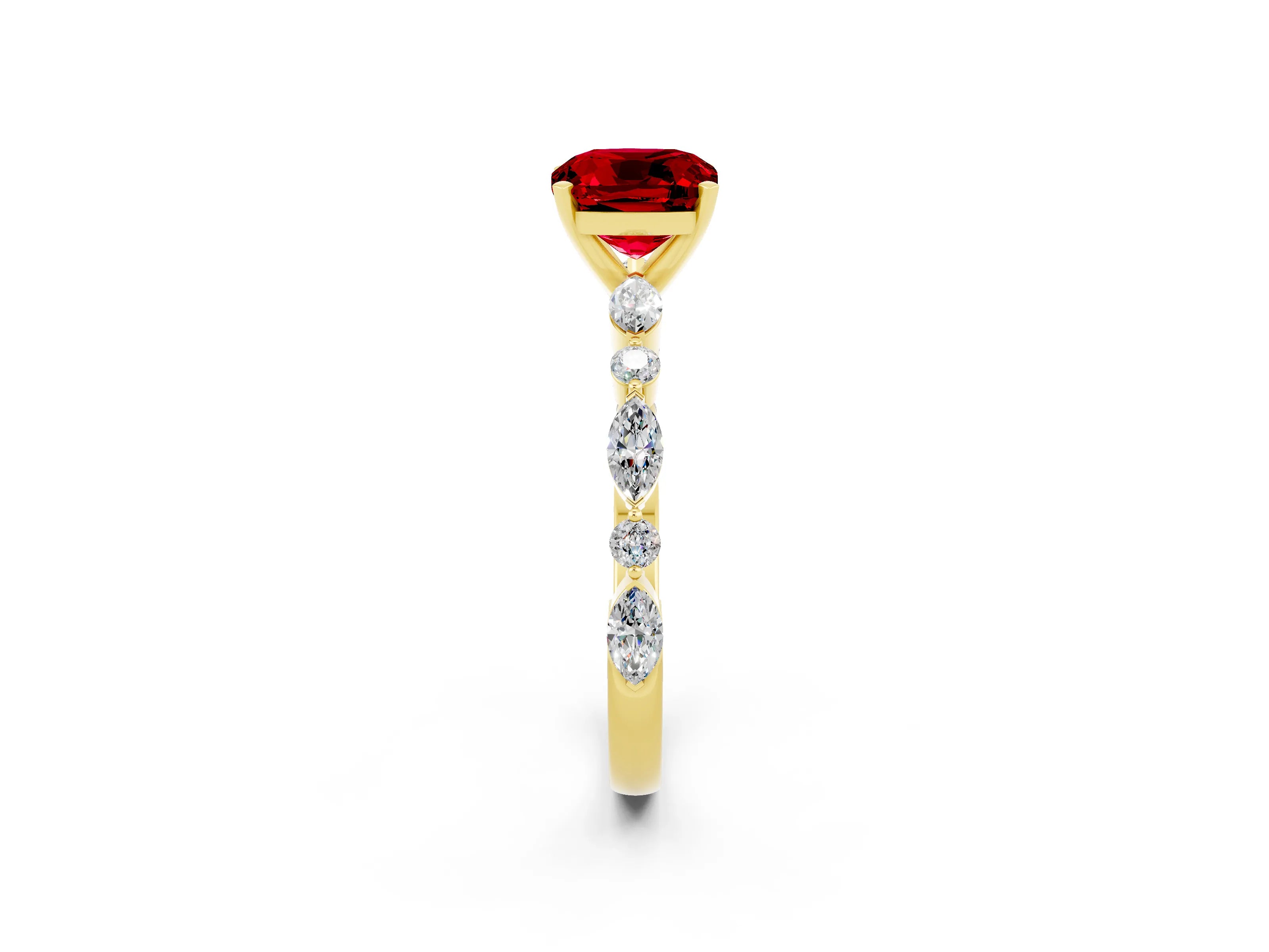 Yellow gold Cushion Cut Ruby Solitaire with Side Stones on a Pavé Band and Four-Prong Setting_2