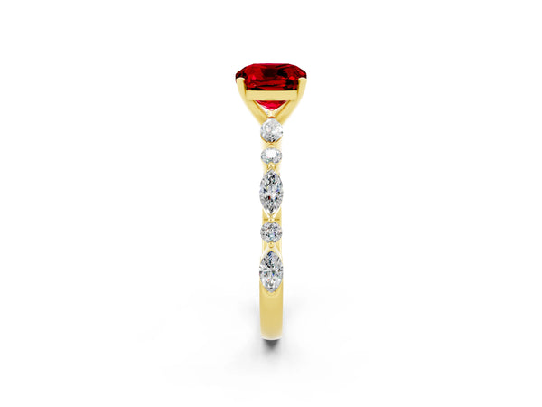 Yellow gold Cushion Cut Ruby Ring with Marquise and Round  Side Stones and Four-Prong Setting
