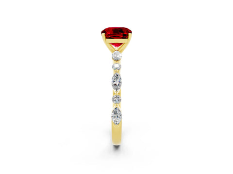 Yellow gold Cushion Cut Ruby Solitaire with Side Stones on a Pavé Band and Four-Prong Setting_2