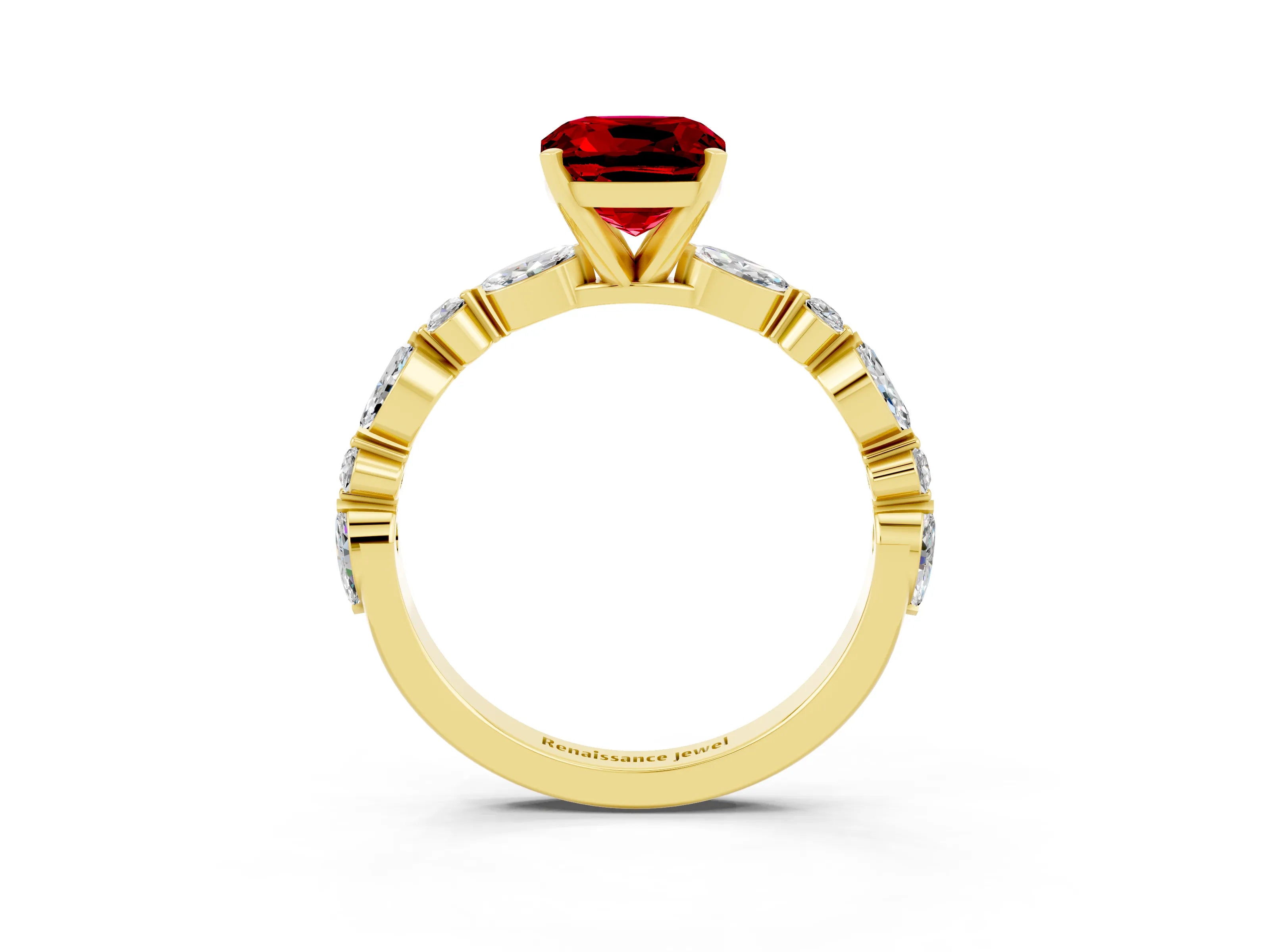 Yellow gold Cushion Cut Ruby Solitaire with Side Stones on a Pavé Band and Four-Prong Setting_3