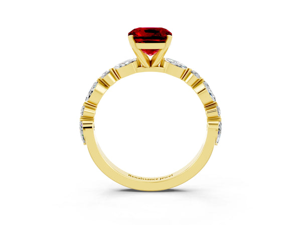 Yellow gold Cushion Cut Ruby Ring with Marquise and Round  Side Stones and Four-Prong Setting