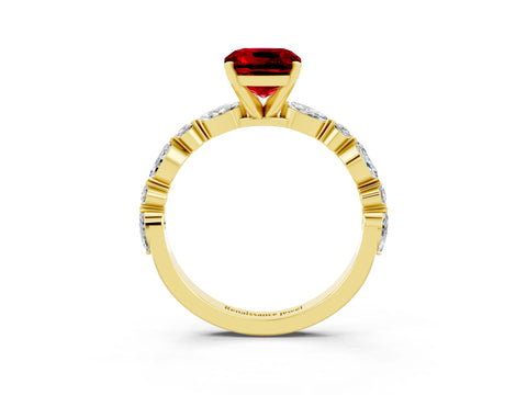 Yellow gold Cushion Cut Ruby Solitaire with Side Stones on a Pavé Band and Four-Prong Setting_3