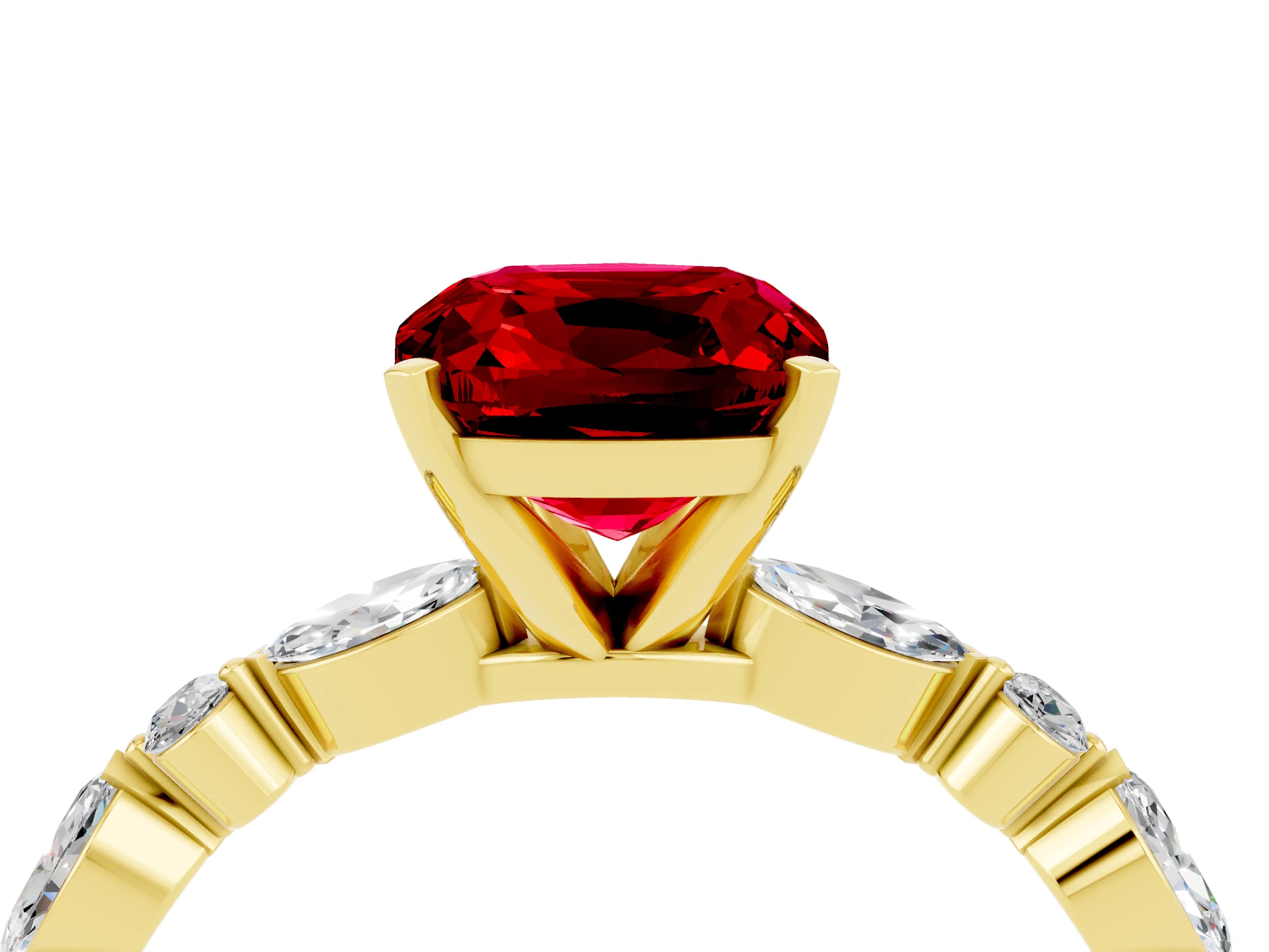 Yellow gold Cushion Cut Ruby Solitaire with Side Stones on a Pavé Band and Four-Prong Setting_4