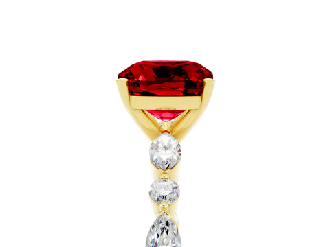 Yellow gold Cushion Cut Ruby Solitaire with Side Stones on a Pavé Band and Four-Prong Setting_5