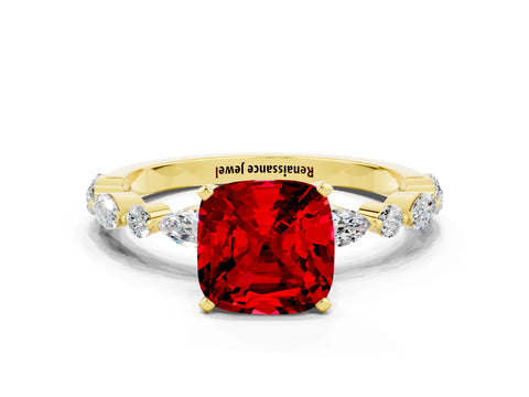 Yellow gold Cushion Cut Ruby Solitaire with Side Stones on a Pavé Band and Four-Prong Setting