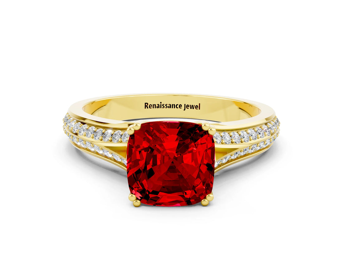 Yellow gold Cushion Cut Ruby Split Shank Engagement Ring with Pavé Band