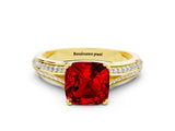 Yellow gold Cushion Cut Ruby Split Shank Engagement Ring with Pavé Band