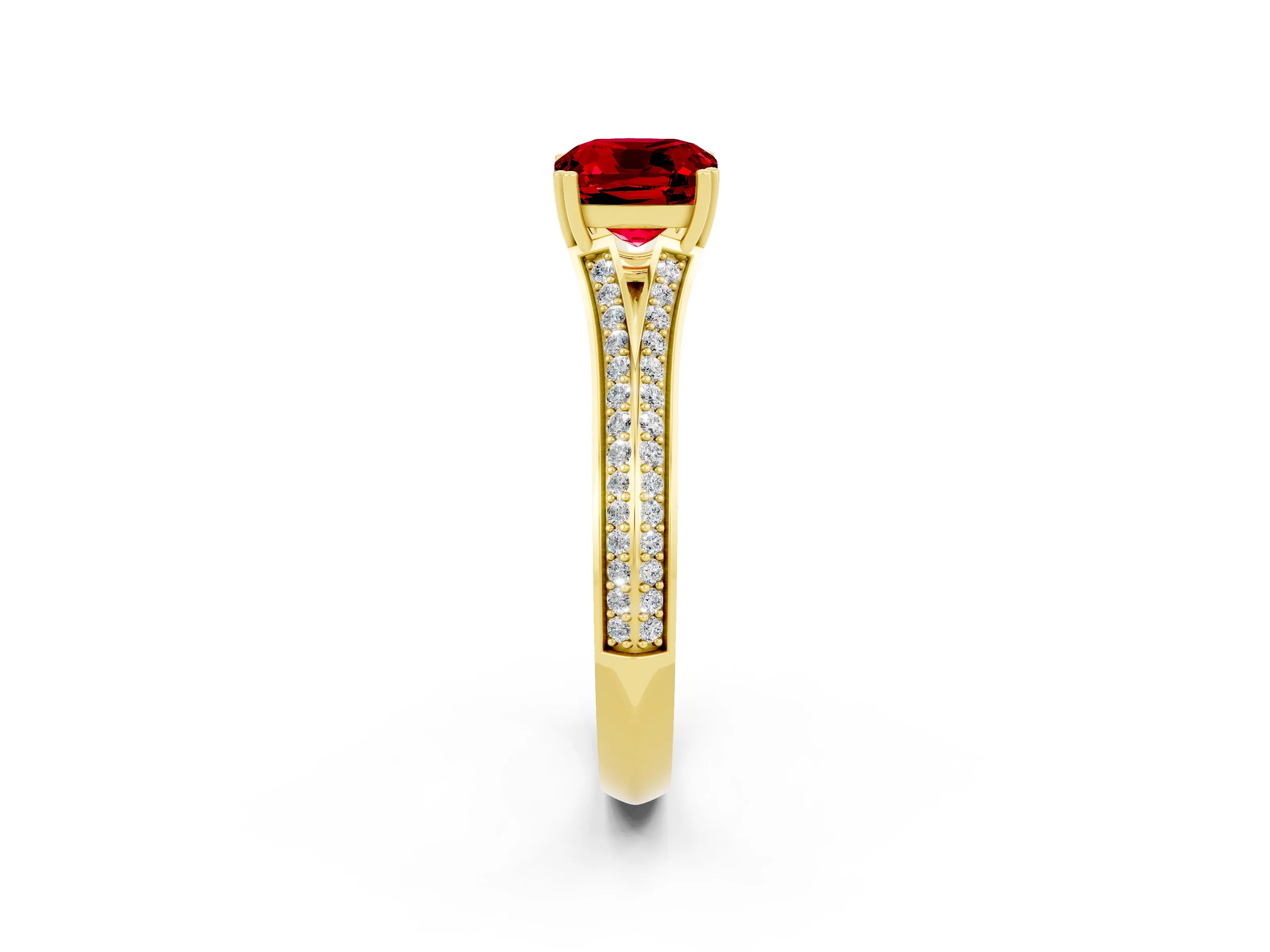Yellow gold Cushion Cut Ruby Split Shank Engagement Ring with Pavé Band_2