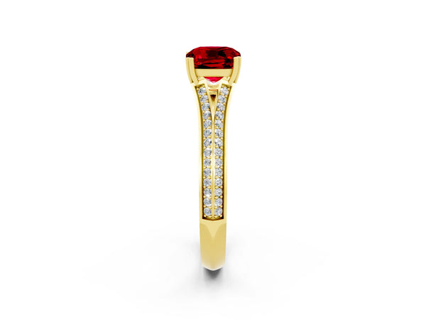 Yellow gold Cushion Cut Ruby Split Shank Engagement Ring with Pavé Band